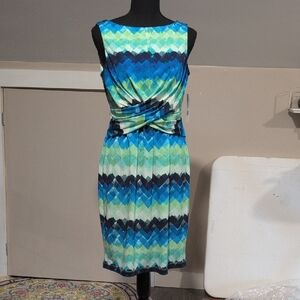 Donna Morgan Blue and Green Patterned Midi Dress